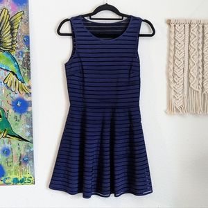 Parker Silk Mesh Striped A Line Skater Dress Navy Blue Sleeveless Sz S